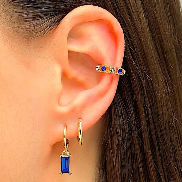 Gold Plated Cuff Earring Three Piece Sapphire Blue Minimalist Set - Picture 1 of 2